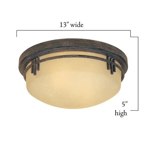 Mission Ridge Two-Light Flush Mount Ceiling Light With Round Glass Shade, 13-Inch Fixture For Kitchen, Bathroom, Mahogany