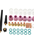 Ultimate 40-Piece TIG Welding Torch Collet And Gas Lens Kit With Heat-Resistant Ceramic Cups For WP9/20/25 Models parts overview including pink ceramic cups and copper nozzles.