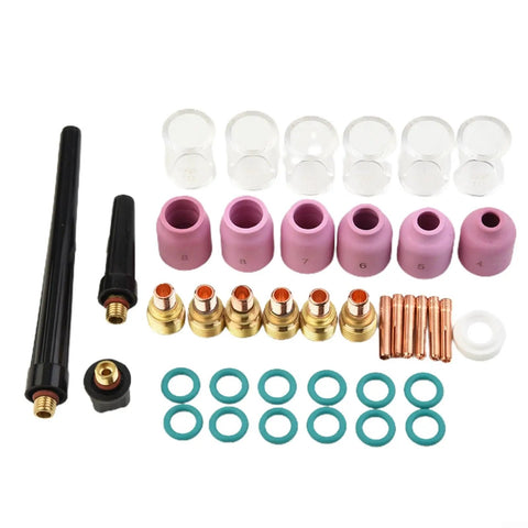 Ultimate 40-Piece TIG Welding Torch Collet And Gas Lens Kit With Heat-Resistant Ceramic Cups For WP9/20/25 Models parts overview including pink ceramic cups and copper nozzles.