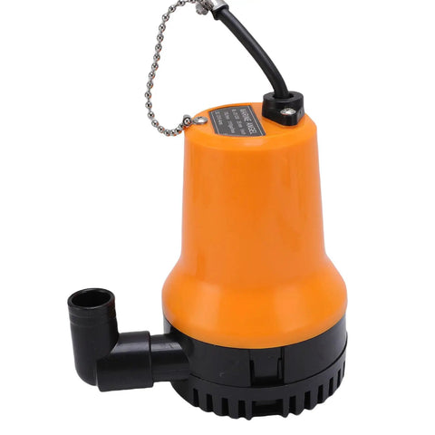 No Sweat Heavy Duty Submersible Bilge Pump With 45W Copper Motor And 1110 GPH Flow features an orange housing and removable filter.