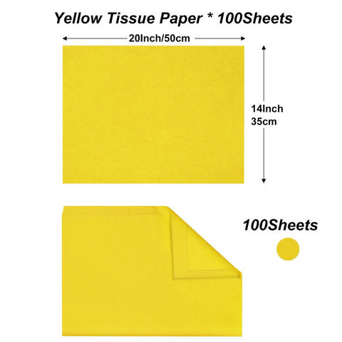Bright Yellow Tissue Paper Sheets 20 By 14 Inches Pack of 100 For Gift Bags Wrapping Paper DIY Crafts Party Decor Birthday Baby Shower Festivals and Holidays shown with dimensions and quantity details