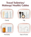 TSA Ready Travel Toiletry Bag Set, Clear Makeup Bags 3 Pack Medium, showing organization for toiletries, makeup, health items, cables.