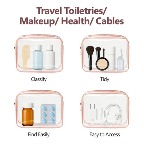 TSA Ready Travel Toiletry Bag Set, Clear Makeup Bags 3 Pack Medium, showing organization for toiletries, makeup, health items, cables.