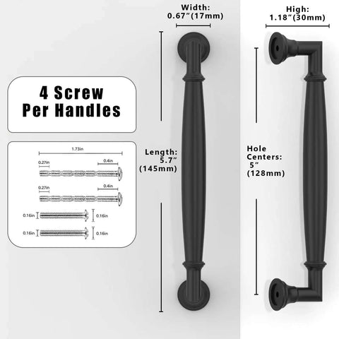 Sleek Matte Black Cabinet Pulls 10 Pack With 5 Inch Center To Center Spacing Hella Sturdy Kitchen Drawer Handles and Top Shelf Cabinet Hardware For Ridiculous Room Refreshes dimensions showing 5.7 inch length and 5 inch hole center.
