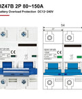Front and schematic view of DC Battery and EV Circuit Breaker Workhorse 12V-48V, 2 Pole Mini MCB, 150A Rating, 80A Option