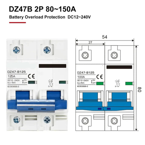 Front and schematic view of DC Battery and EV Circuit Breaker Workhorse 12V-48V, 2 Pole Mini MCB, 150A Rating, 80A Option