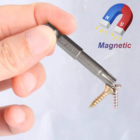 Rock Solid Security Torx Screwdriver Bit Set Featuring Magnetic S2 Steel Star Bits, showcasing a magnetic bit holding screws.