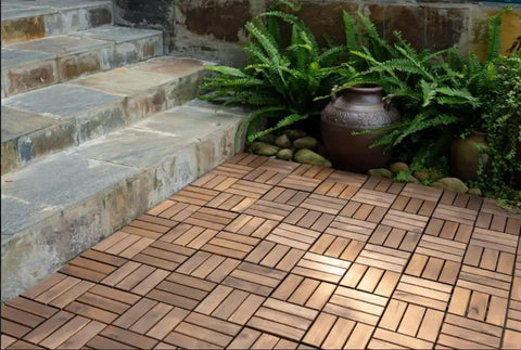 Acacia Wood Interlocking Deck Tiles 12x12 Inch Pack Of 9 For Indoor And Outdoor Use Waterproof All Weather Flooring near stone steps