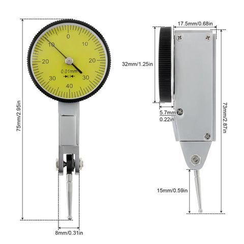 Pro Grade Dial Test Indicator Gauge 0 To 0.8 Mm, 0.01 mm Accuracy, Yellow Dial Face, Side and Front View with Measurements