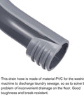 Close-up of gray PVC drain hose for washing machines, detailing the sturdy ribbed end. Text notes its toughness and break-resistance.