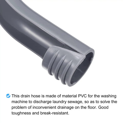 Close-up of gray PVC drain hose for washing machines, detailing the sturdy ribbed end. Text notes its toughness and break-resistance.