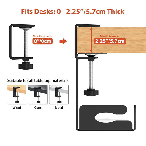 Under Desk Cable Management Tray 32 Inch Steel Cord Organizer No Drill C Clamp And Screw Mount For Home Office, side view showing compatibility with wood, glass, and metal desks.