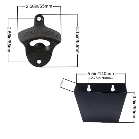 Heavy Wall Mounted Beer Bottle Opener With Slick Stainless Steel Cap Catcher Bucket Rustproof Black Cast Iron Finish dimensions and features.