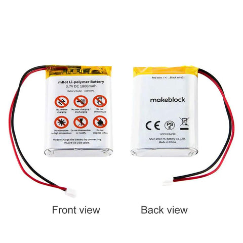 3.7V Rechargeable Li Po Battery For mBot Robot Kit, 1800mAh Initial Capacity, JST PH 2 Pin Connector, Easy Plug And Play Power Up For Your Coding Bot, Replacement Battery For Smart Robotics Projects, front and back views