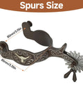 Western Cowboy Spurs For Men And Women Vintage Bronze Look Low Carbon Steel with hand-carved details, 75 to 78 mm size shown