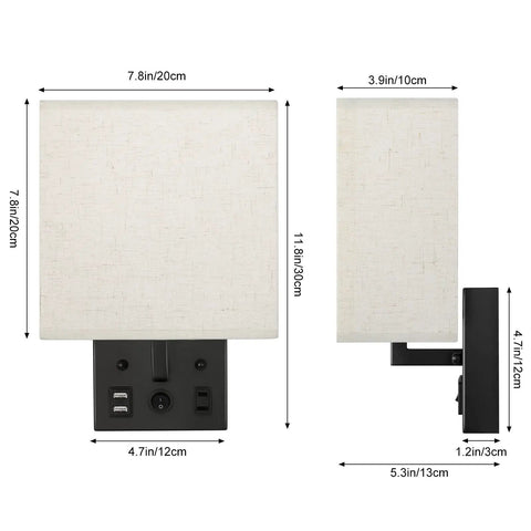 Product dimensions of Bedside Wall Lamp Set Of 2 With Plug-In Cord showing size details and black finish with dual USB and AC outlet