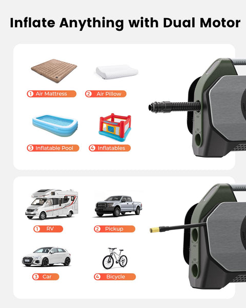 Vortex S7 Cordless Tire Inflator inflating air mattress, RV, and bike with 160 PSI dual motor, olive green portable compressor