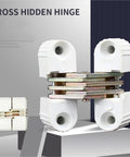 White cross hidden hinge displayed in open and closed positions on a pedestal.