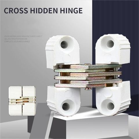 White cross hidden hinge displayed in open and closed positions on a pedestal.