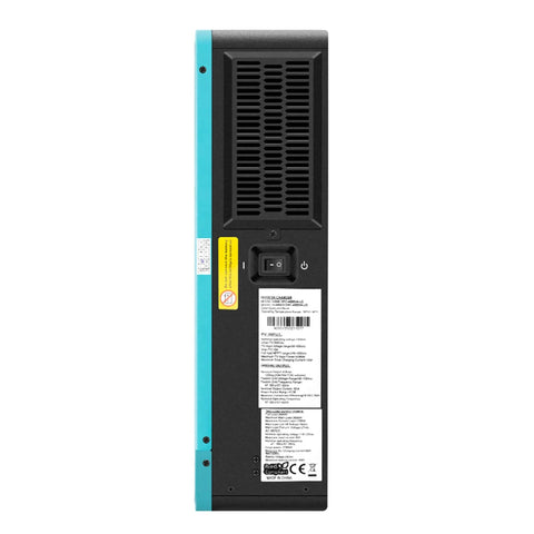 Back view of All-In-One Battery-Less 3600W Pure Sine Wave Solar Inverter With Built-In 120A MPPT Charger showing vents and power switch.