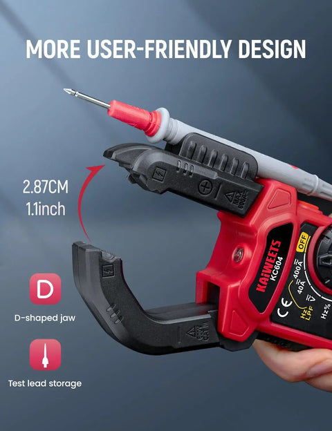 Pro Grade True RMS Clamp Meter Multimeter With D Shaped Jaw showing test lead storage, 2.87cm jaw opening for AC DC current.