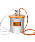 Front view of BACOENG 3-Gallon stainless steel resin trap vacuum chamber with orange lid and hoses, built-in gauge