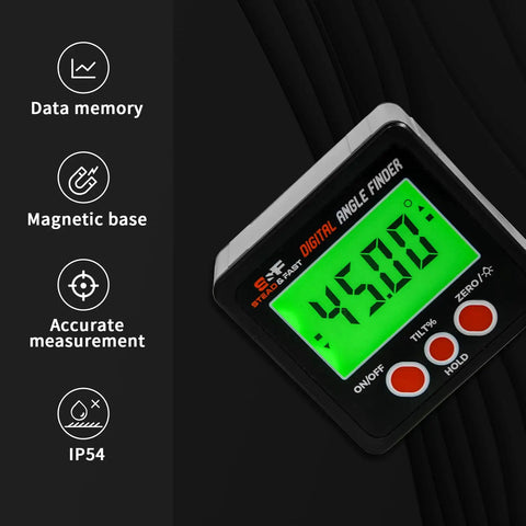 Digital Angle Finder Magnetic With Case And Backlit LCD For Table Saw Woodworking And Construction IP54 Rating Precision To 0.2 Degree Absolute And Relative Modes Zero Reset And Easy Read - Close-up with features