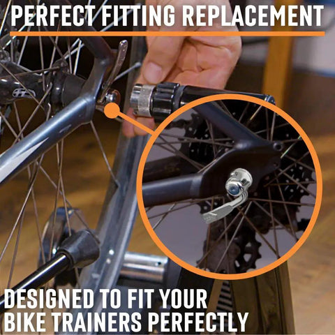 Replacement Quick Release Rear Skewer For Road And Mountain Bike Trainers installed on rear wheel for home gym setup