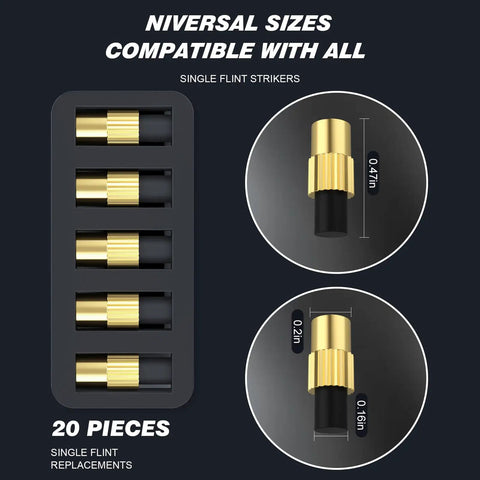 Flint Striker Lighter Dual Pack With 20 Replacement Flints For Welding Brazing And Soldering, showing flint measurements and size details