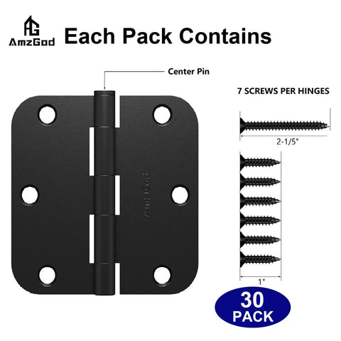 Matte Black Door Hinges Pack Of Thirty Interior Hinges With Five Eighths Radius Corners And Six Holes Includes Two Hundred Ten Screws
