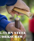 Killer Stainless Steel Folding Pocket Knife With Integrated Wine Corkscrew and Bottle Opener Solid Beechwood Handle in use opening a wine bottle.