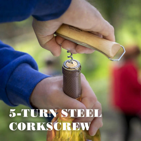 Killer Stainless Steel Folding Pocket Knife With Integrated Wine Corkscrew and Bottle Opener Solid Beechwood Handle in use opening a wine bottle.