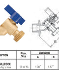 Brass Angle Outdoor Sillcock Hose Bibb with Quarter Turn Handle, 1/2 In Cup to 3/4 In Fitting, Solder Connection, side view