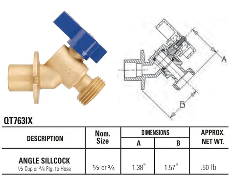 Brass Angle Outdoor Sillcock Hose Bibb with Quarter Turn Handle, 1/2 In Cup to 3/4 In Fitting, Solder Connection, side view