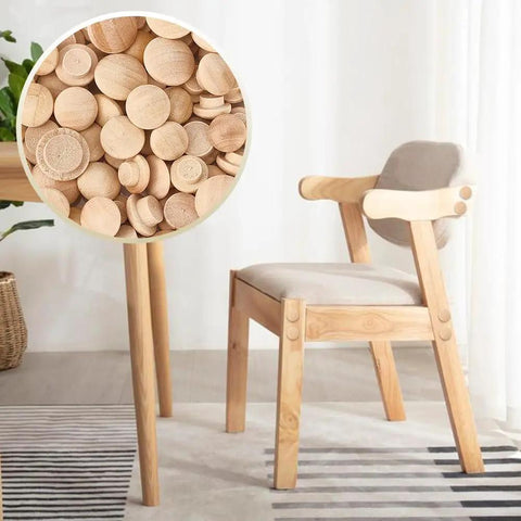 160 Pcs Wood Hole Plugs Set Four Styles One Half Inch Two Fifths Inch Three Fifths Inch Three Quarters Inch Hardwood on chair leg.