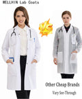 Comparison between a White Women's Lab Coat With Quick Release Snap Closure, Durable Machine Washable Lab Jacket for Medical Pros and Mad Scientists, and a see-through lab coat from other brands.