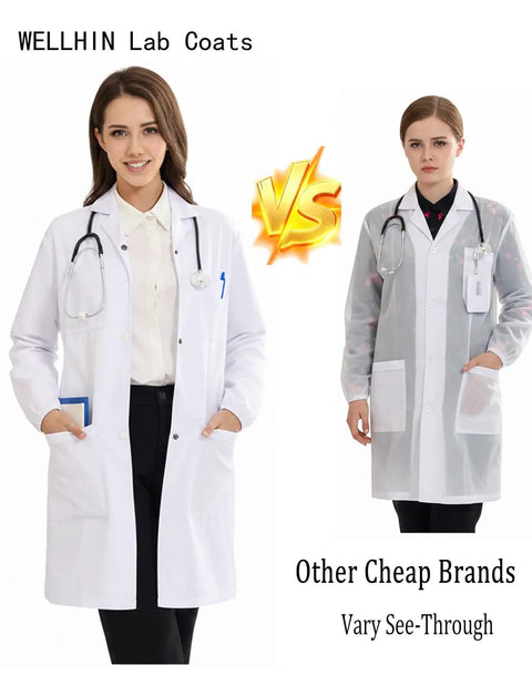 Comparison between a White Women's Lab Coat With Quick Release Snap Closure, Durable Machine Washable Lab Jacket for Medical Pros and Mad Scientists, and a see-through lab coat from other brands.