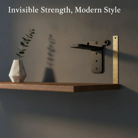 Matte Black Invisible Triangle Shelf Bracket Iron Wall Mount for Floating Shelves with ruler in living room setup.
