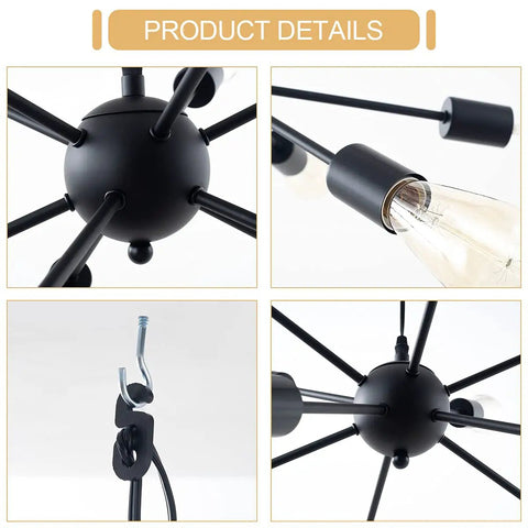 Close-up of Sputnik Style Plug In Pendant Chandelier With 10 Lights And 16.4 Ft Cord On Off Switch For Dining Room