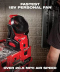 18V Brushless Packout Fan with 20.5 mph air speed on rugged PACKOUT case with modularity in workshop setting.