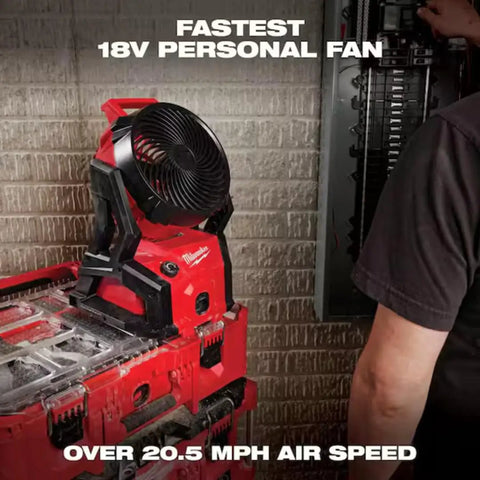 18V Brushless Packout Fan with 20.5 mph air speed on rugged PACKOUT case with modularity in workshop setting.