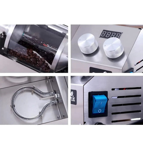 Kickin Smooth Electric Coffee Roaster With Rock Solid Stainless Steel Drum And Spacious Quartz Glass Window showing control knobs and quartz window.