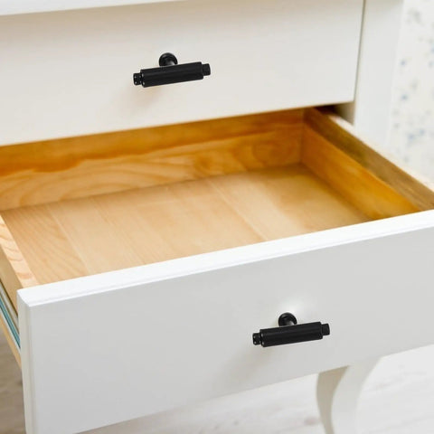White dresser with 2 Pack Zinc Alloy Cabinet Handles For Drawers And Wardrobes, Metal Dresser Pulls in black, open drawer view.