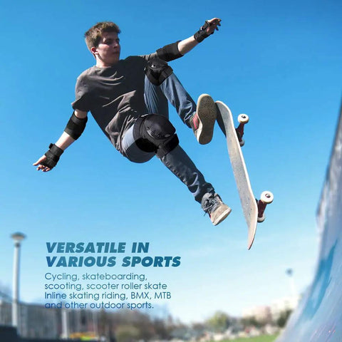 Skateboarder wearing Knee Pads Elbow Pads and Wrist Guards Full Protective Gear for Skateboarding Inline Skating and Scooter for Ages 12 and Up.