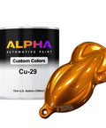 Ready To Roll Heavy Duty Auto Basecoat Paint In A Full Gallon Can With Slow Reducer Mix For Clean Drip Free Spraying And Crisp High Shine Finishes On Custom Rides And Street Mods with an orange color sample.