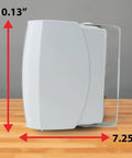 Side view of 5.25-inch three-way outdoor indoor wired speaker with weather resistant build, shown with dimensions on wood surface.