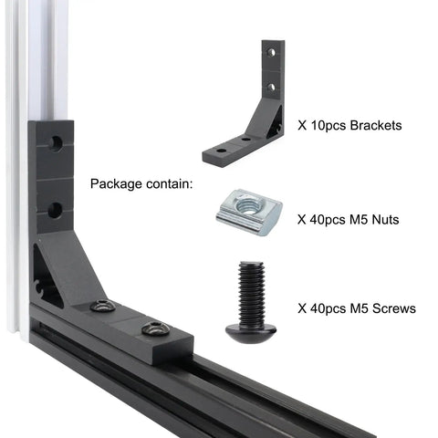 10 Pack 78x78mm 2020 Aluminum T Slot Corner Brackets Set For 20x20 2040 80 20 Aluminum Profiles Beefy Heavy Duty 90 Degree Right Angle Connectors With M5 Bolts Nuts Black packaged with corner bracket, M5 nuts, and screws.