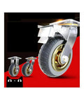 Smooth As Butter Eight Inch Heavy Duty Stem Mounted Casters With Dependable Squeeze Brakes Silent Rolling Rubber Wheels Easy Swivel Steering close-up of rubber wheels with metal stem.