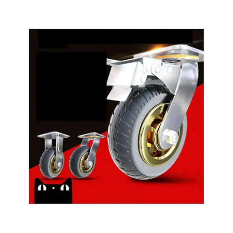 Smooth As Butter Eight Inch Heavy Duty Stem Mounted Casters With Dependable Squeeze Brakes Silent Rolling Rubber Wheels Easy Swivel Steering close-up of rubber wheels with metal stem.