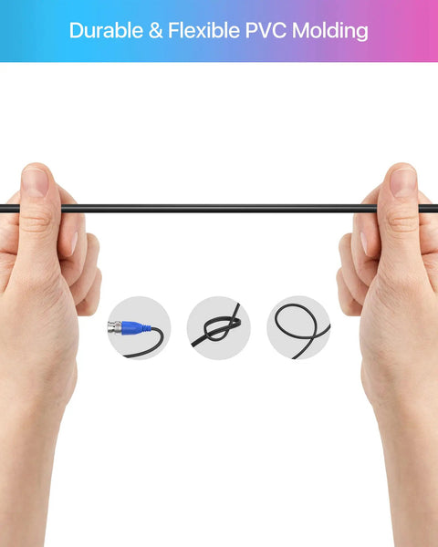 Person holding a 4 Pack 100 Foot BNC Video Power Cable for CCTV Security Cameras showing flexibility with connector illustrations.